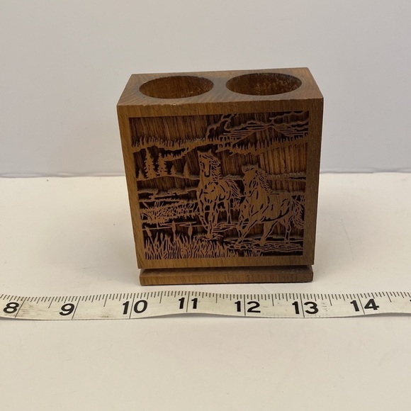 VINTAGE Lasercraft wooden pencil holder laser engraved horse pasture walnut wood - Picture 4 of 12